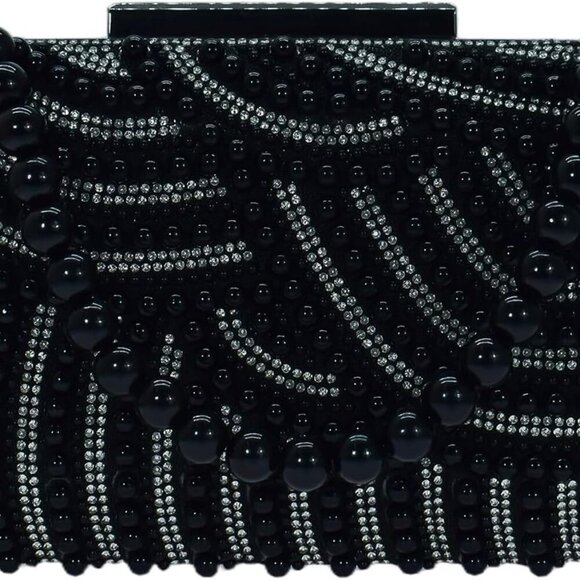 Vintage Black Pearl Beaded Evening Handbag - Versatile Clutch with Chain Options